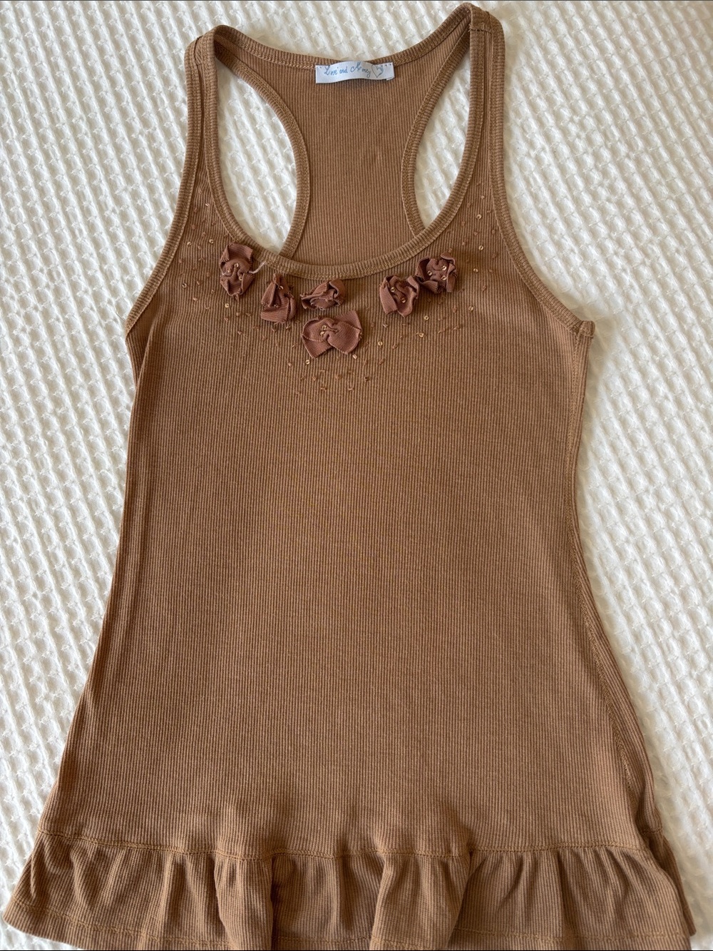 Ribbed Racerback Tank with Rosette Trim - Brown